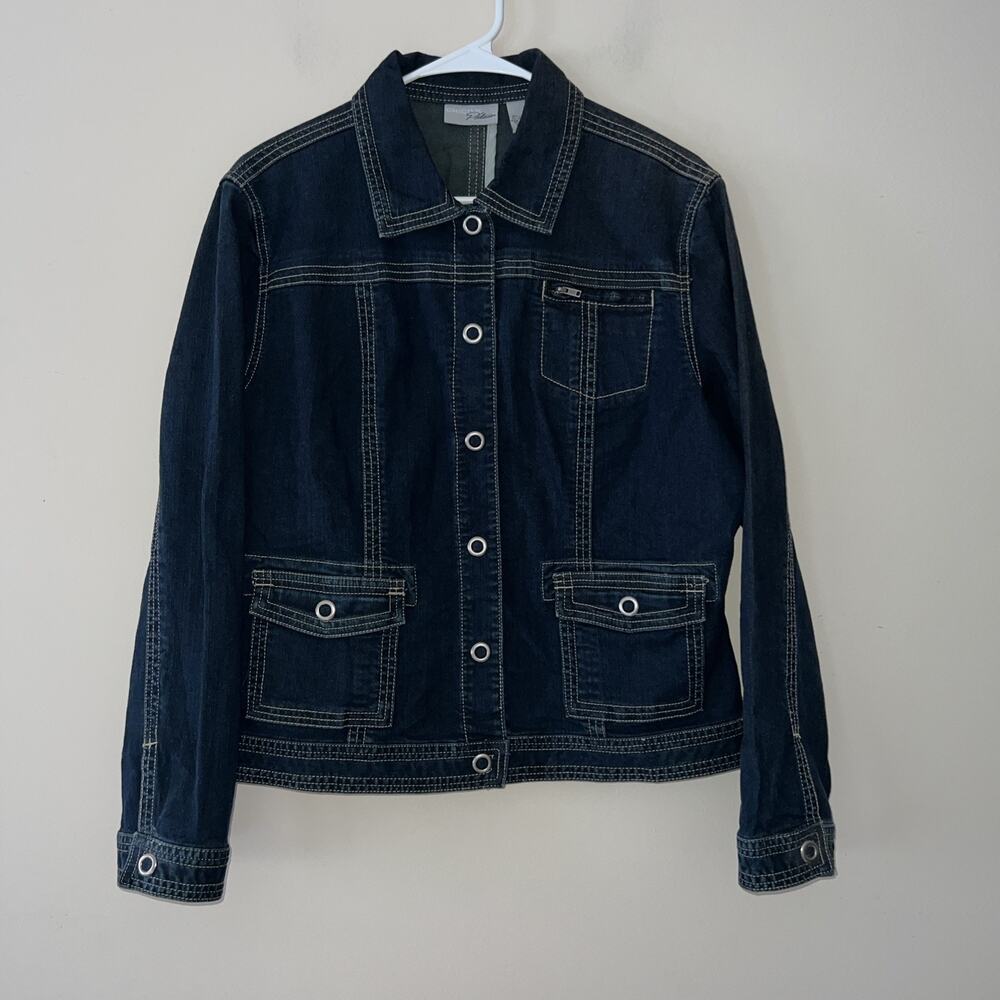 Chicos Platinum Dark Denim Jacket Women’s 2 US Large Jean Button Snap Up Coat